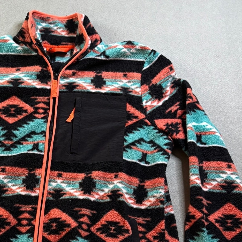 WeSC Mens L Southwestern Fleece Jacket Full Zip Aztec Orange Teal Tribal Skate